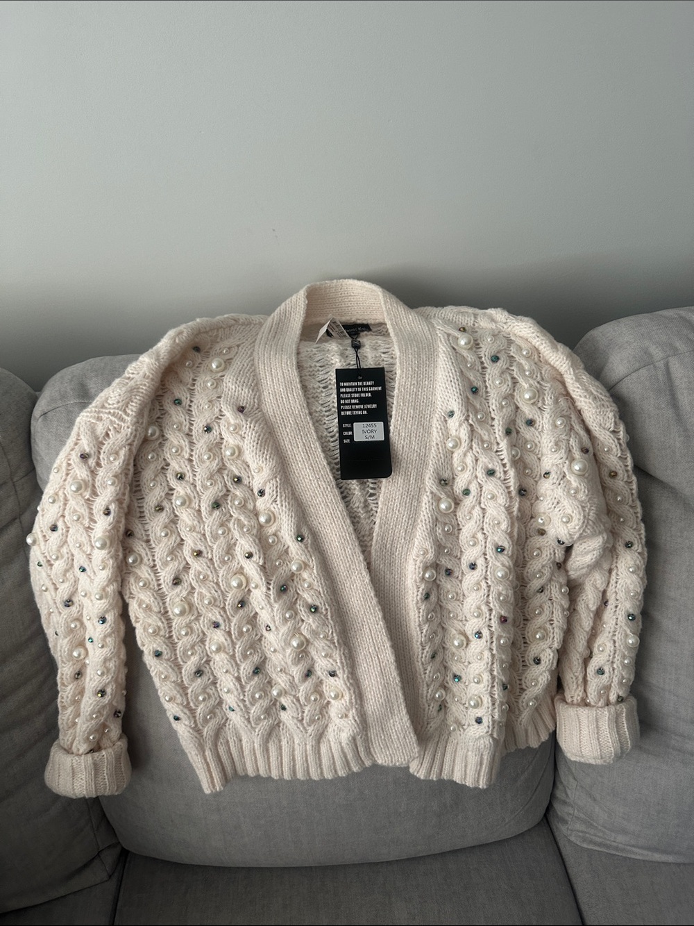 Never worn!!! Metric Knits Embellished Cream Knit Cardigan Sweater